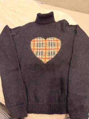 Burberry Black Wool Turtleneck Sweater with Plaid Heart